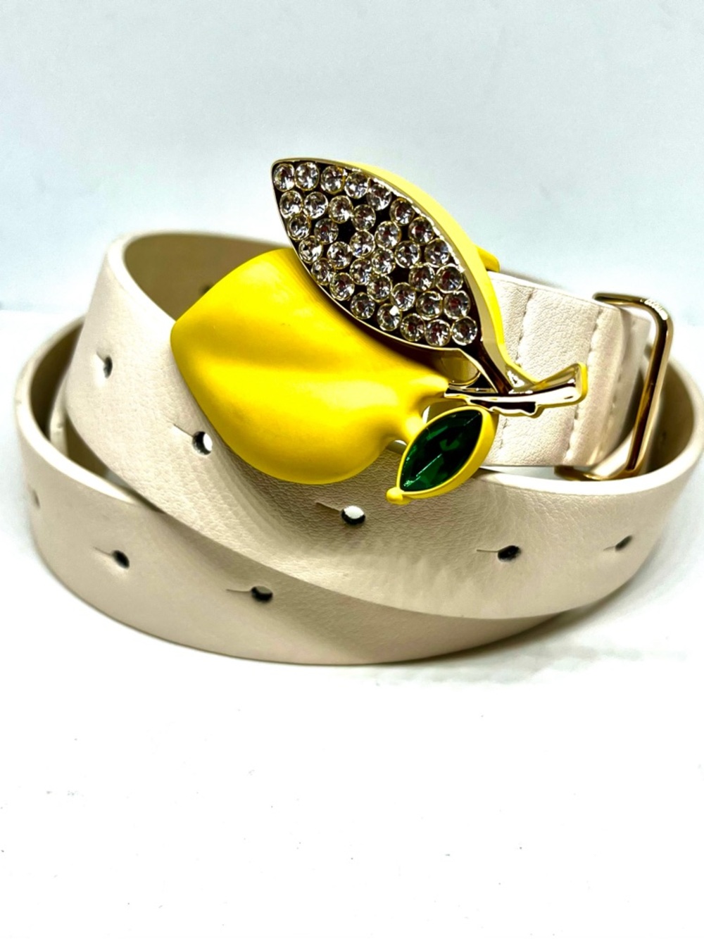 Betsy Johnson Cream Leather Belt with Yellow Lemon Crystal Buckle